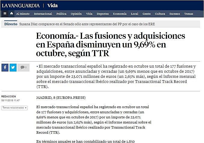 Las fusiones y adquisiciones en Espaa disminuyen un 9,69% en octubre, segn TTR